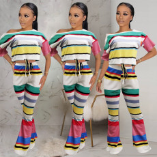 Colorful Striped Crop Top And Pants 2 Piece Sets ONY-7025