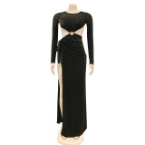 Sexy Long Sleeve Backless High Split Hollow Maxi Evening Dress BY-5909