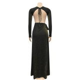 Sexy Long Sleeve Backless High Split Hollow Maxi Evening Dress BY-5909