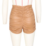 PU Leather High Waist Ruched Lace-Up Shorts ZSD-0493