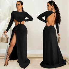 Sexy Long Sleeve Backless High Split Hollow Maxi Evening Dress BY-5909