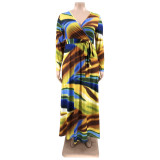 Plus Size Printed V Neck Long Sleeve Sashes Maxi Dress OSIF-22426
