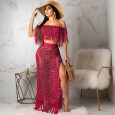 Plus Size Grid Tassel Hollow Crop Top Maxi Skirt 2 Piece Sets SH-390378