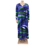 Plus Size Printed V Neck Long Sleeve Sashes Maxi Dress OSIF-22426