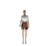 Plus Size Long Sleeve Top+Plaid Strap Shorts 2 Piece Sets NYMF-280