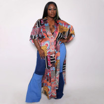 Plus Size Printed V Neck Loose Vacation Maxi Dress NNWF-7543