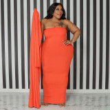 Plus Size Solid Strapless Maxi Dress+Long Cloak 2 Piece Sets NNWF-7575