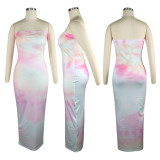 Tie Dye Print Strapless Off Shoulder Maxi Dress TE-4444