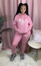 Pink Letter Print Fleeced Hoodies Top And Pants 2 Piece Sets OUQF-073