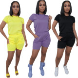 Solid T Shirt And Shorts Two Piece Shorts Sets YIM-267