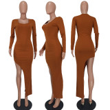 Solid Long Sleeve High Split Maxi Dress QZYD-1152