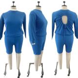 Plus Size Solid Long Sleeve Backless 2 Piece Shorts Sets OSM2-5309