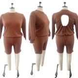 Plus Size Solid Long Sleeve Backless 2 Piece Shorts Sets OSM2-5309
