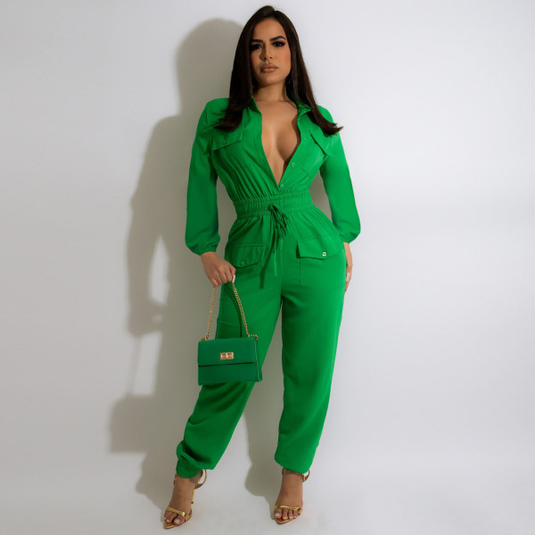 Classic Solid Long Sleeve Cargo Jumpsuit MA-Y519