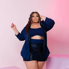 Plus Size Sexy Sequin Cami Top+Coat+Mini Skirt 3 Piece Sets PHF-13297