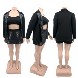 Plus Size Sexy Sequin Cami Top+Coat+Mini Skirt 3 Piece Sets PHF-13297