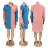 Plus Size Contrast Color Long Sleeve Shirt Dress HNIF-031