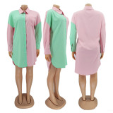 Plus Size Contrast Color Long Sleeve Shirt Dress HNIF-031