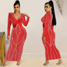 Sexy Rhinestones Long Sleeve V Neck Night Club Maxi Dress BY-5912