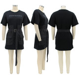 Denim Patchwork Short Sleeve Belted Mini Dress HNIF-HN087