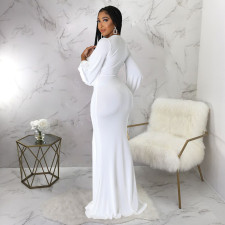 Solid V Neck Long Sleeve High Waist Maxi Evening Dress YF-10212