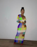 Colorful Plaid Long Sleeve Slim Maxi Dress GZYF-8089