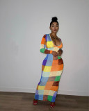 Colorful Plaid Long Sleeve Slim Maxi Dress GZYF-8089