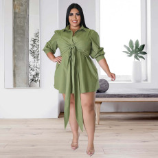 Plus Size Solid Tie-Up Long Sleeve Shirt Dress NNWF-7626