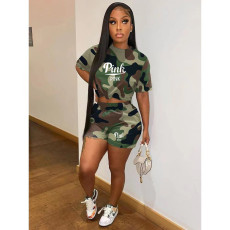 Pink Letter Camo Print Two Piece Shorts Sets OUQF-352