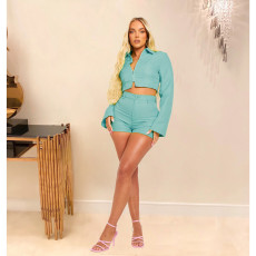 Solid Long Sleeve Zipper Top And Shorts 2 Piece Sets YIY-9020