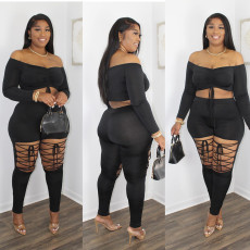 Plus Size Long Sleeve Ruched Top+Lace-Up Pants 2 Piece Sets ONY-7030