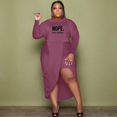 Plus Size Letter Long Sleeve Irregular Midi Dress XMF-153