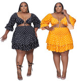 Plus Size Dot Print Crop Top Mini Skirt 2 Piece Sets HNIF-018