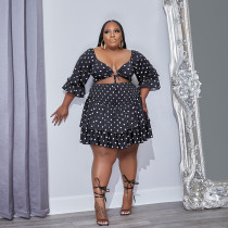 Plus Size Dot Print Crop Top Mini Skirt 2 Piece Sets HNIF-018