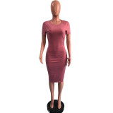 Solid Short Sleeve Drawstring Split Bodycon Dress OMY-81051