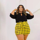 Plus Size Long Sleeve Top+Plaid Mini Skirt Two Piece Sets PHF-13296