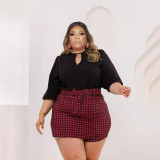 Plus Size Long Sleeve Top+Plaid Mini Skirt Two Piece Sets PHF-13296