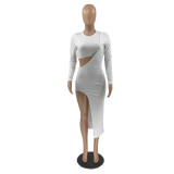 Solid One Shoulder Crop Top+Split Dress Two Piece Sets IV-8337