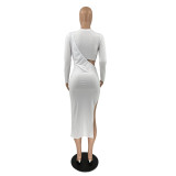 Solid One Shoulder Crop Top+Split Dress Two Piece Sets IV-8337