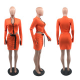 Solid Long Sleeve Zipper Top+Mini Skirt 2 Piece Sets PHF-13298
