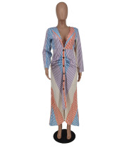 Plus Size Striped Long Sleeve Maxi Dress ZDF-31228