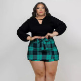 Plus Size Long Sleeve Top+Plaid Mini Skirt Two Piece Sets PHF-13296