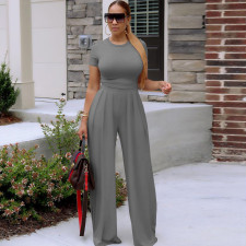 Solid Short Sleeve Wide Leg Pants Two Piece Sets TE-4467