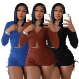 Solid Long Sleeve Zipper Ruched 2 Piece Shorts Sets HEJ-8174