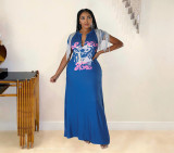 Plus Size Printed Tassel Short Sleeve Brooch Maxi Dress OM-1372