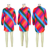Rainbow Print Long Sleeve Pleated Mini Dress (Without Belt)GZYF-8093