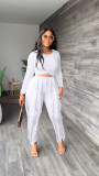 Solid Long Sleeve Top+Tassel Pants Two Piece Sets MIL-L343
