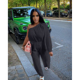 Solid One Shoulder Long Sleeve Pockets Jumpsuit ASL-6595