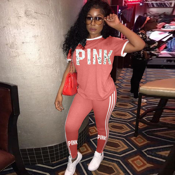 Pink Letter Print Two Piece Pants Sets OD-8118-1
