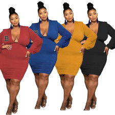 Plus Size Letter B Print V Neck Long Sleeve Ruched Bodycon Dress OUQF-359